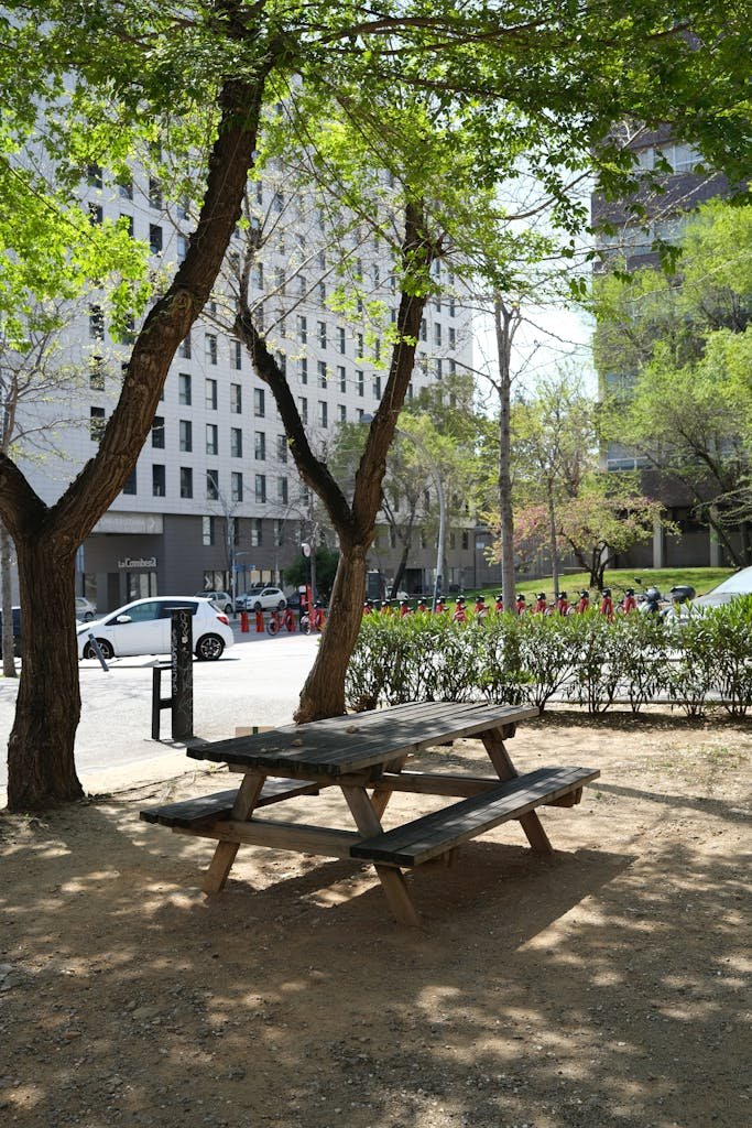 A wooden picnic table under trees in an urban park with buildings in the background.