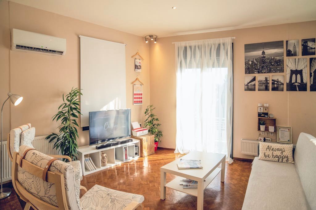 Bright, modern living room interior with neutral tones in Kavala, Greece.